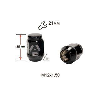 Гайка колісна ALFARRO A901445 BA М12х1,5х35мм Конус (Mazda, Kia, Hyundai, Daihatsu) Закрита Чорний Хром Ключ 21
